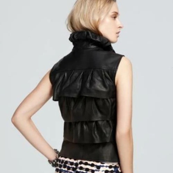 DVF DIANE von FURSTENBERG Genuine Leather Black Cupcake Bomber Vest Ruff… - Picture 3 of 9